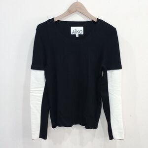 AiKO Kwan Black Sweater Cashmere Blend Ivory Leather Snakeskin Sleeves - M